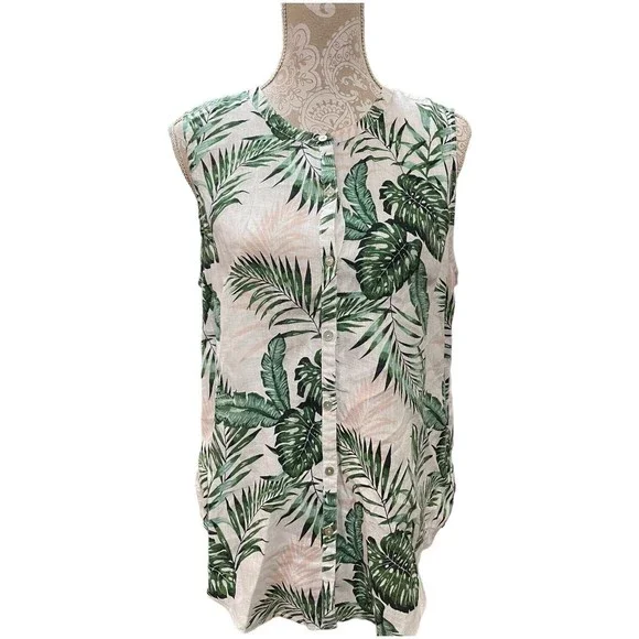C&C California Sleeveless Linen Top Size Medium Hawaiian Print White/green/pink - Picture 2 of 9